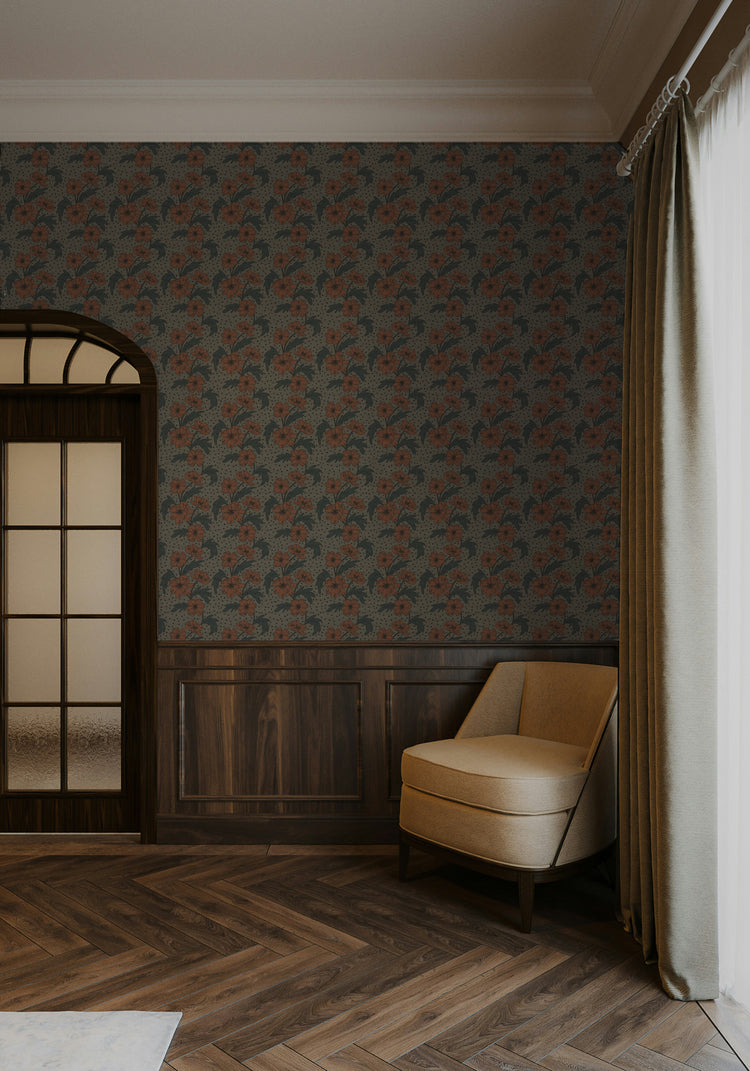 European-inspired vintage floral wallpaper