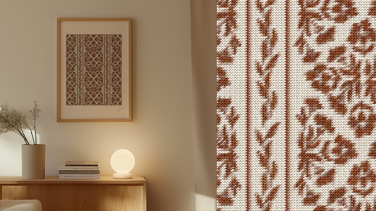 Decorative wall art with a floral pattern in a room setting, Quilt Block Art Print, Block Print Pattern Inspired Artwork by Hope Johnson, byHopeatHome