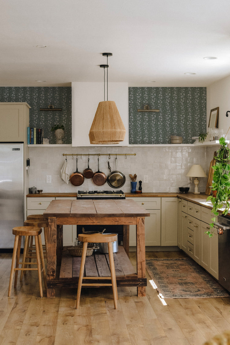 Cottagecore Green and Blue Floral Wallpaper