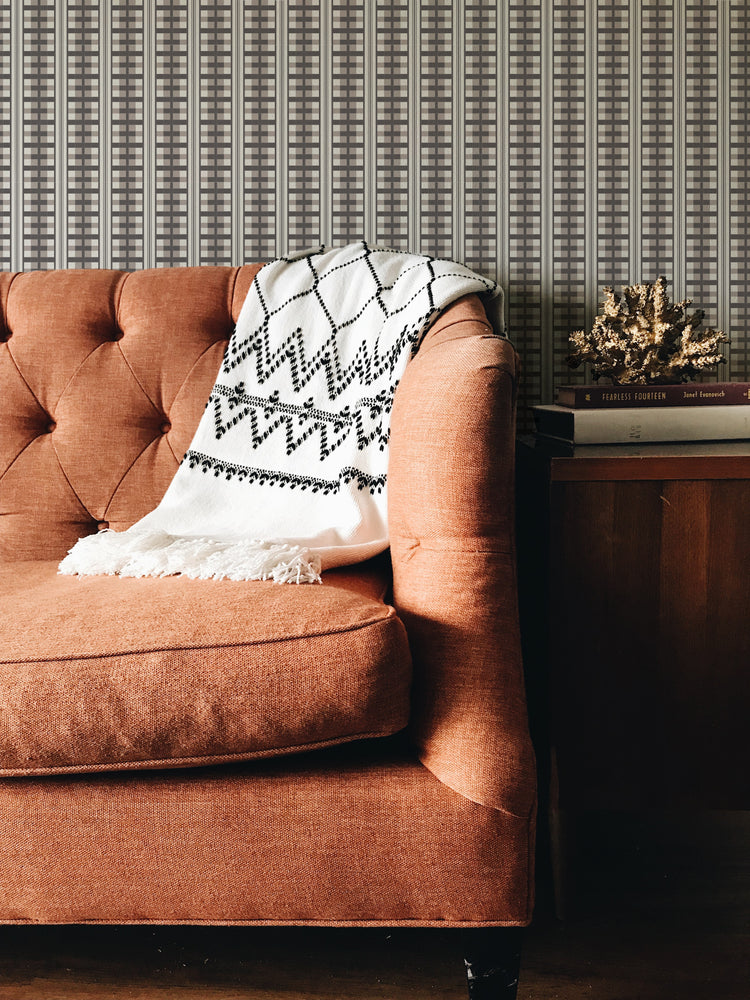 beige wallpaper, brown wallpaper, neutral wallpaper, moody wallpaper, plaid wallpaper, stripe wallpaper, quilt block inspired wallpaper, block print wallpaper, vintage inspired wallpaper byHopeatHome