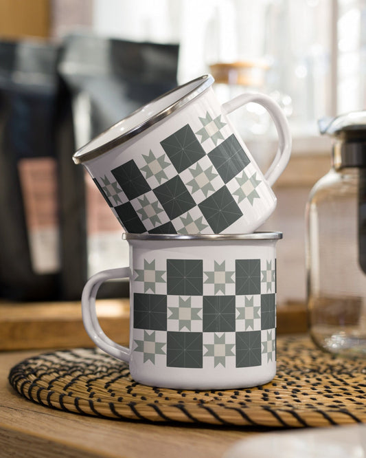 Vintage Inspired Quilt Block Enamel Coffee Mug for Holiday Pop Up Shop byHopeatHome