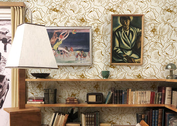 hanging artwork over wallpaper, wallpaper for walls, floral wallpaper