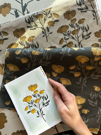 hand-drawn floral wallpaper and fabric