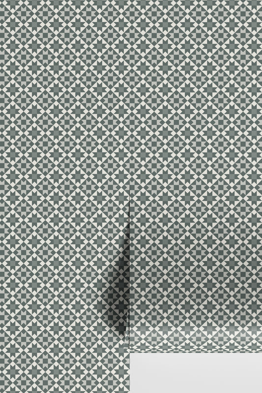 quilt block inspired wallpaper, green wallpaper, dark green wallpaper, navy wallpaper, blue wallpaper, non-floral wallpaper, star inspired wallpaper, vintage inspired wallpaper byHopeatHome