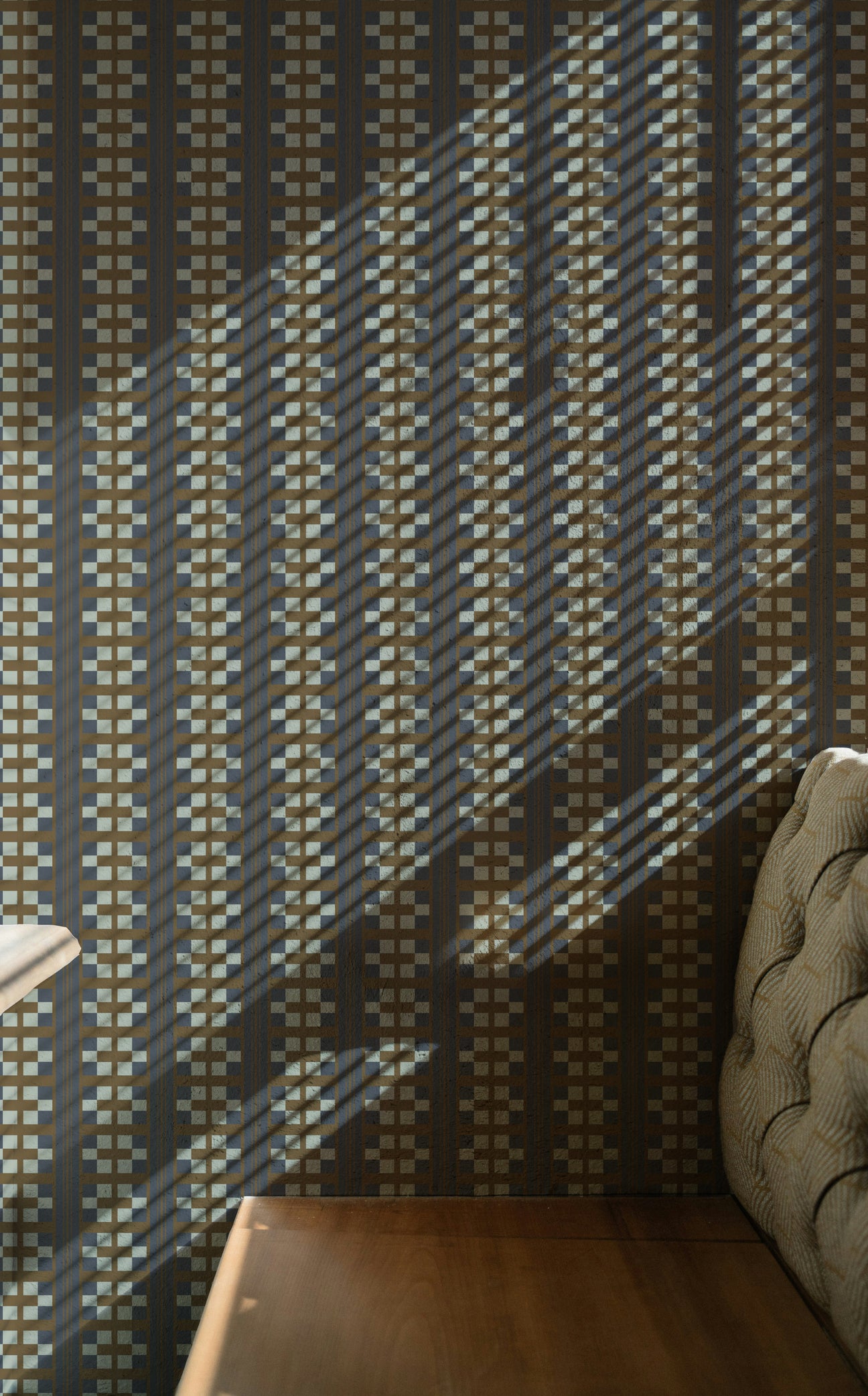 blue wallpaper, simple wallpaper, beige wallpaper, brown wallpaper, neutral wallpaper, moody wallpaper, plaid wallpaper, stripe wallpaper, quilt block inspired wallpaper, block print wallpaper, vintage inspired wallpaper byHopeatHome