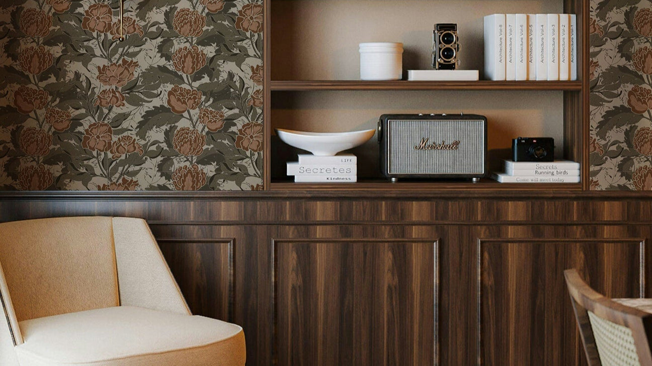 Decorative wall with bookshelf, floral wallpaper, and a chair.